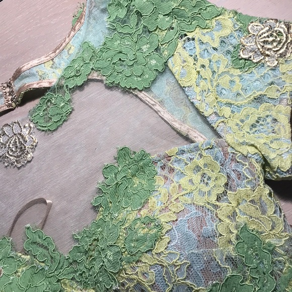 Jovani Lace Green Gold Double Layer Dress - Picture 10 of 12